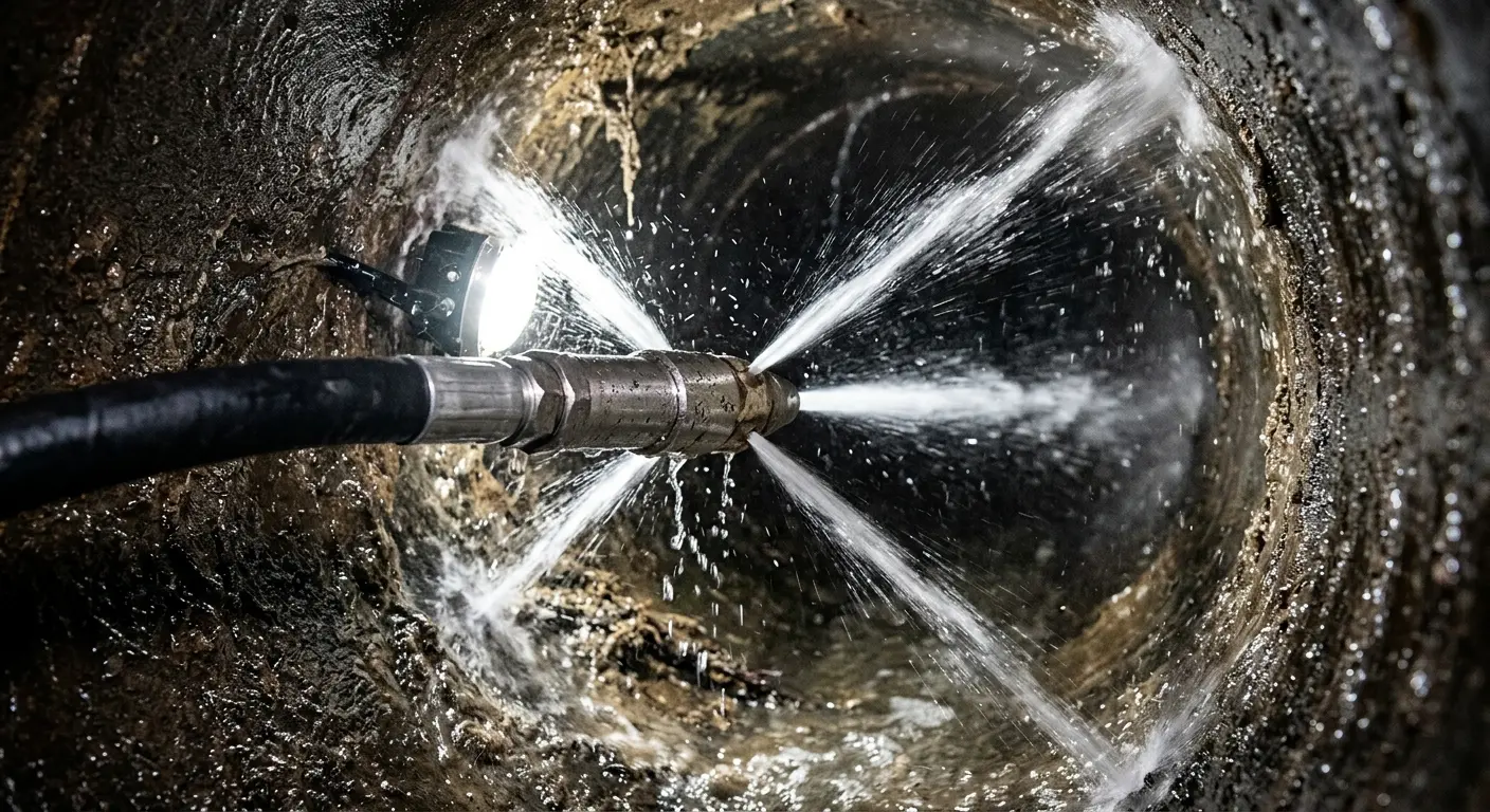 High-pressure hydro jetting nozzle cleaning sewer pipe for Sewer Cleanout in Marathon