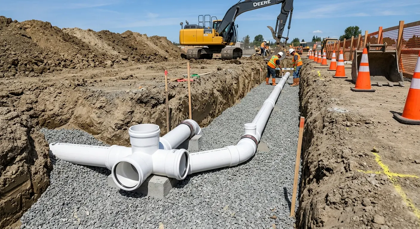 New PVC sewer pipe installation in open trench for Commercial Drain Cleaning in Marathon