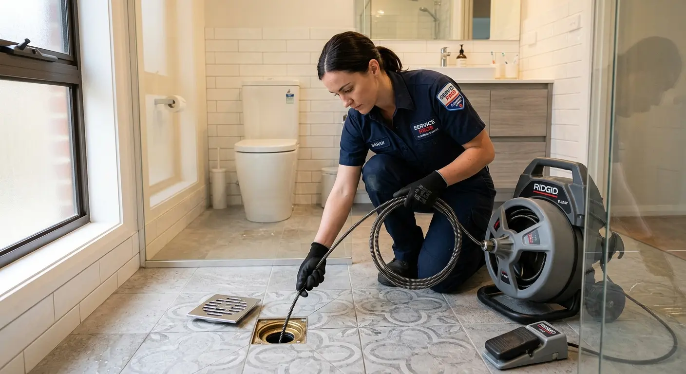 Technician clearing a bathroom floor drain for Drain Cleaning in Marathon